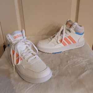 Adidas Hoops Mid 3.0 K shoes in cloud white w acid red/sky rush accents youth s5